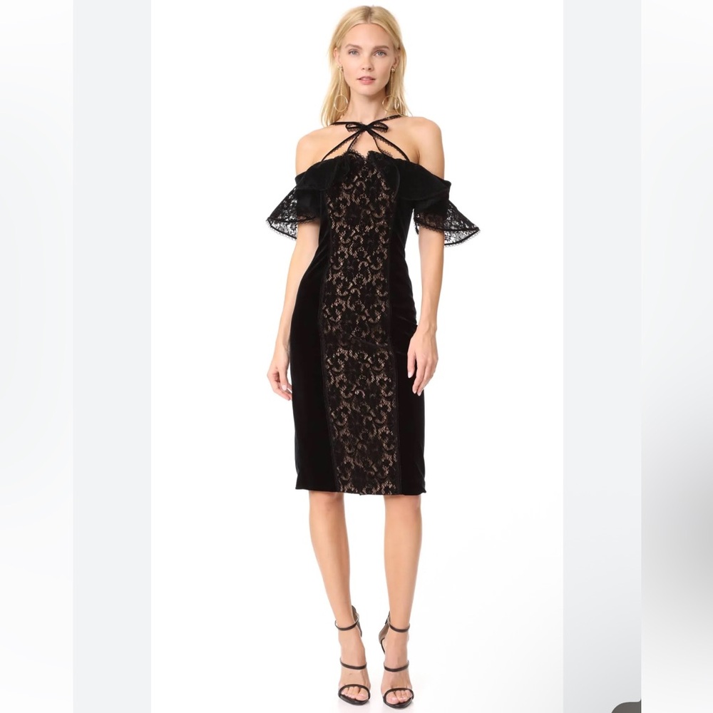MARCHESA NOTTE French Lace Panel Velvet Dress Off the Shoulders In Black Size 4